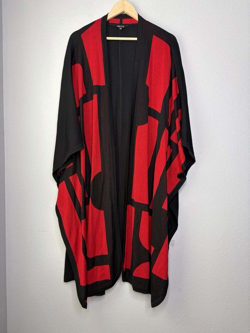 Misook Cardigan 1X Red Black Geometric Open Front Poncho Cape Wrap Classy